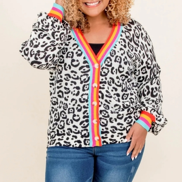Andree by Unit Leopard Rainbow Button Knit Cardigan women\'s size 1X